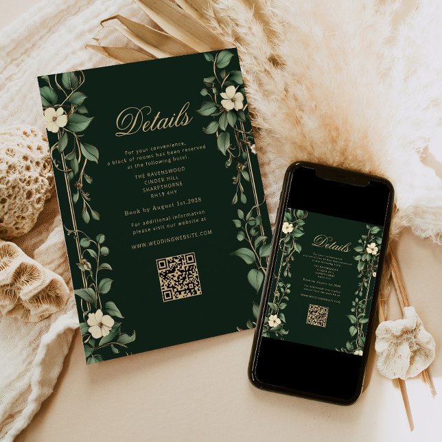 Art Nouveau Green and Gold Wedding QR Details Begleitkarte (Von Creator hochgeladen)
