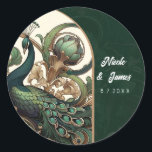 Art Nouveau Green Emerald Vintag Peacock Wedding Runder Aufkleber<br><div class="desc">mit jedem Text anpassen.</div>