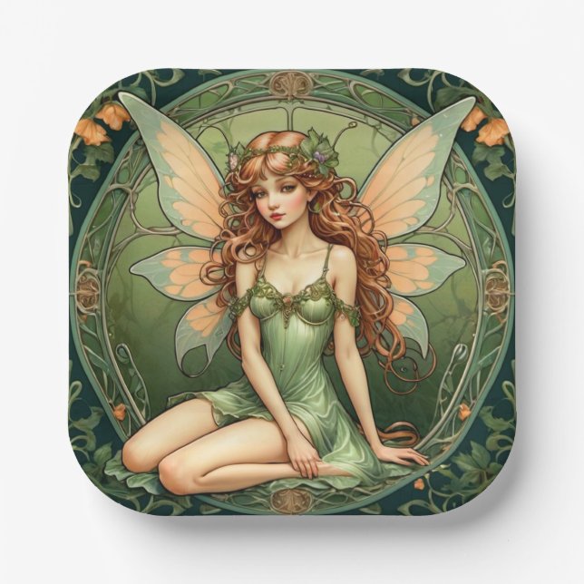 Art Nouveau Green Fairy Paper Plate Pappteller (Vorderseite)