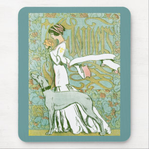 Art Nouveau Greyhound and Lady mit Blume Mousepad