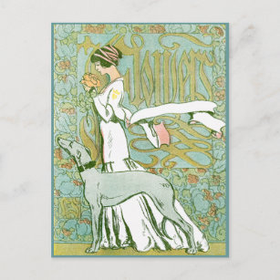 Art Nouveau Greyhound and Lady mit Blume Postkarte