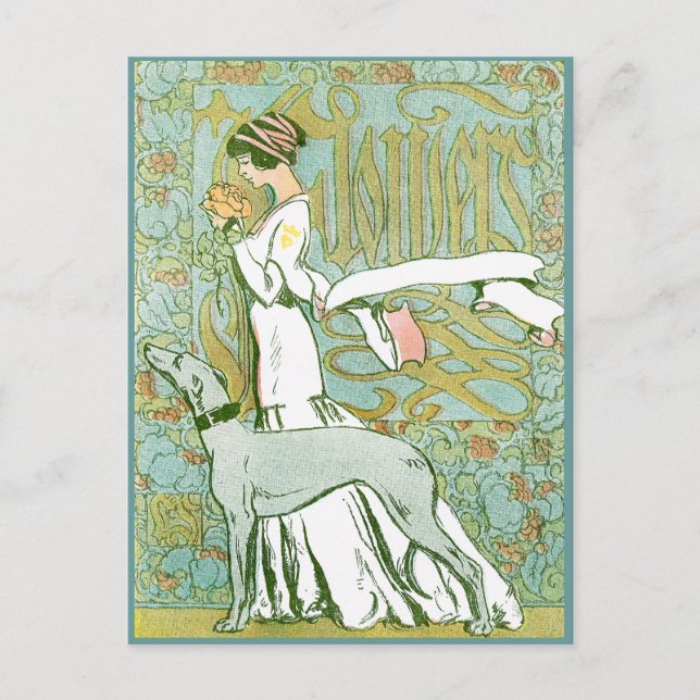 Art Nouveau Greyhound and Lady mit Blume Postkarte (Vorderseite)