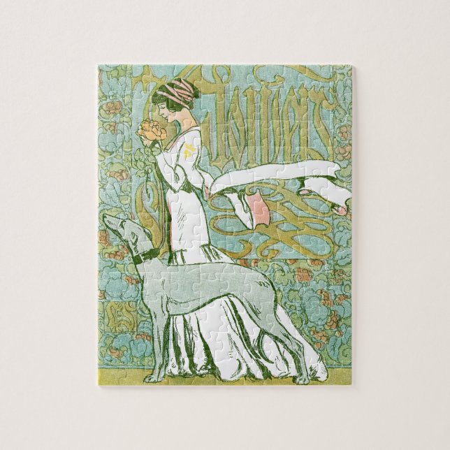 Art Nouveau Greyhound and Lady mit Blume Puzzle (Vertikal)