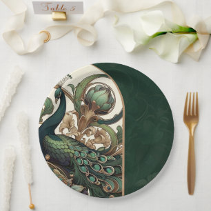 Art Nouveau Grün Smaragd Vintage Pfau Hochzeit Pappteller