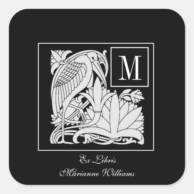 Art Nouveau Heron Monogram Buchzeichen Sticker (Vorderseite)