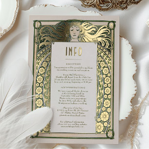 Art Nouveau Hochzeitsinfo Details Gold Grün Mucha Folieneinladung