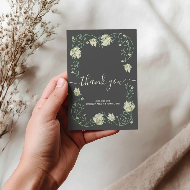 Art Nouveau hübsche Frame Hochzeit Danke Karte (Elegant Art Nouveau botanical frame wedding thank you card features thank you script and photo.)