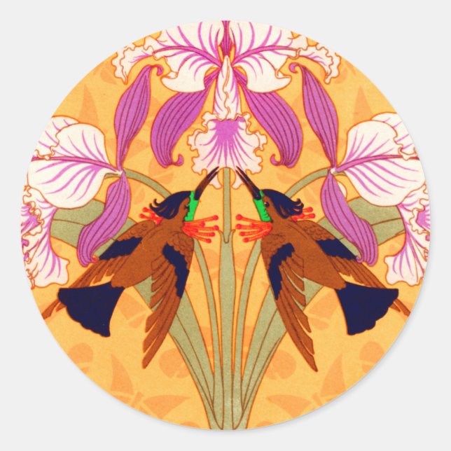 Art Nouveau Hummingbird orchid rosa gold verneuil Runder Aufkleber (Vorderseite)