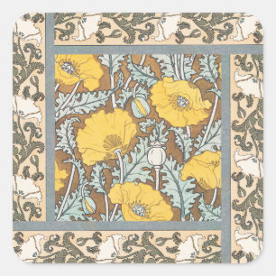 Art Nouveau Illustration Gelbe Mohnblume Quadratischer Aufkleber