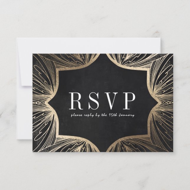 Art Nouveau Imitats gold Wedding RSVP card, (Vorderseite)