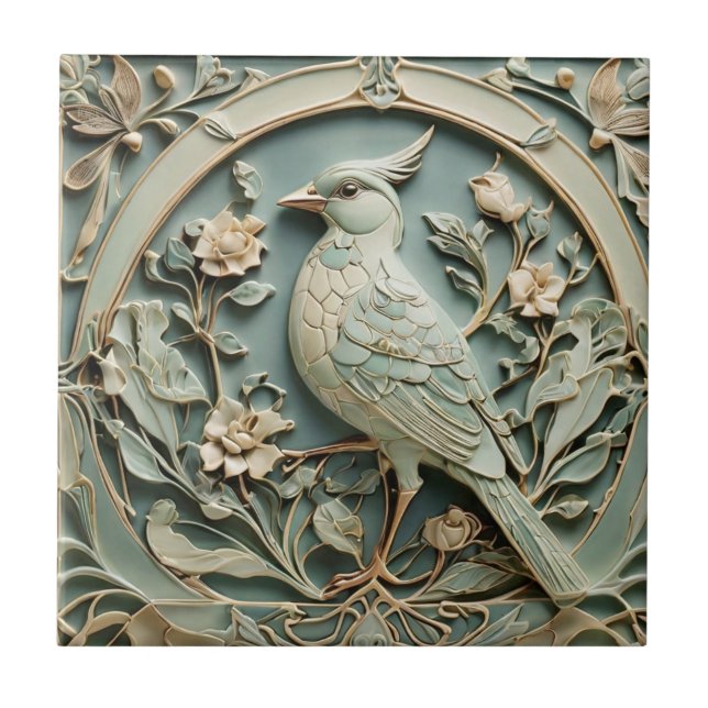 Art Nouveau Imitats Relief Bird Extravagante Blume Fliese (Vorderseite)