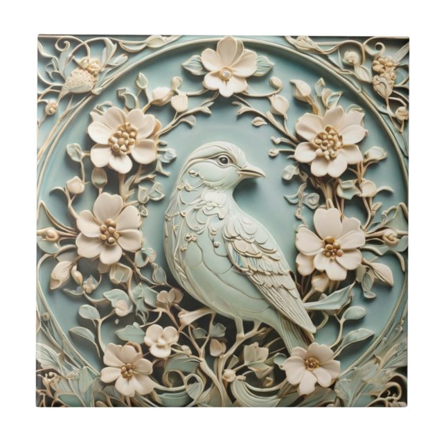 Art Nouveau Imitats Relief Bird & Spring Blumen Mi Fliese (Vorderseite)