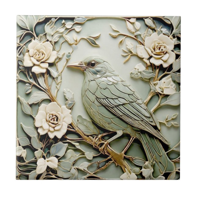 Art Nouveau Imitats Relief Blackbird Bird Pastell  Fliese (Vorderseite)