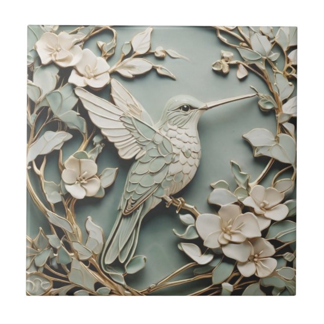Art Nouveau Imitats Relief Hummingbird Bird Minze Fliese (Vorderseite)