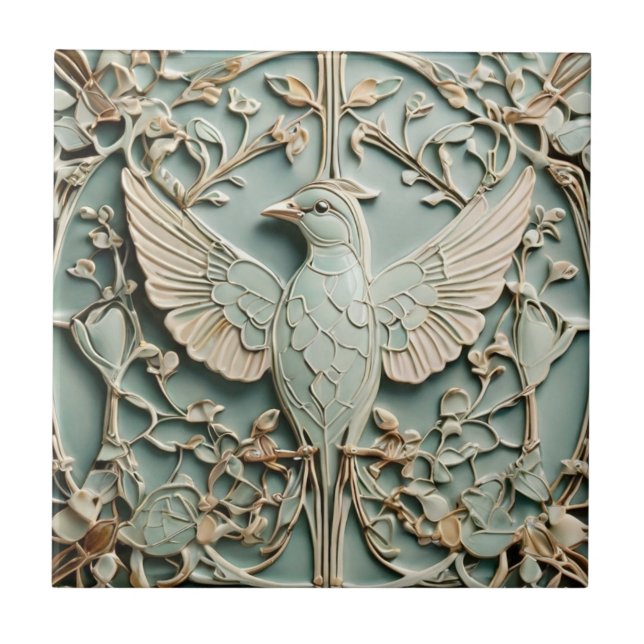 Art Nouveau Imitats Relief Links Bird Pastel Minze Fliese (Vorderseite)