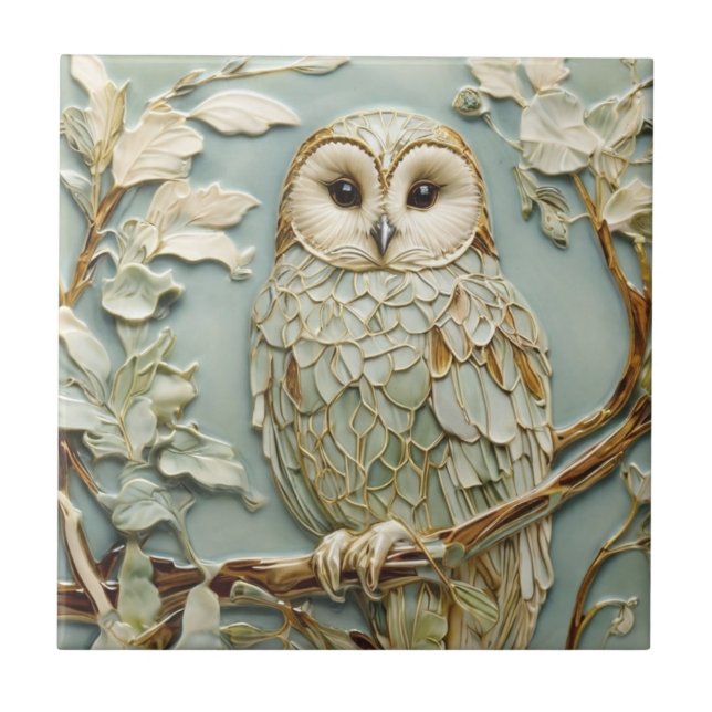 Art Nouveau Imitats Relief Tawny Owl Bird Pastel M Fliese (Vorderseite)