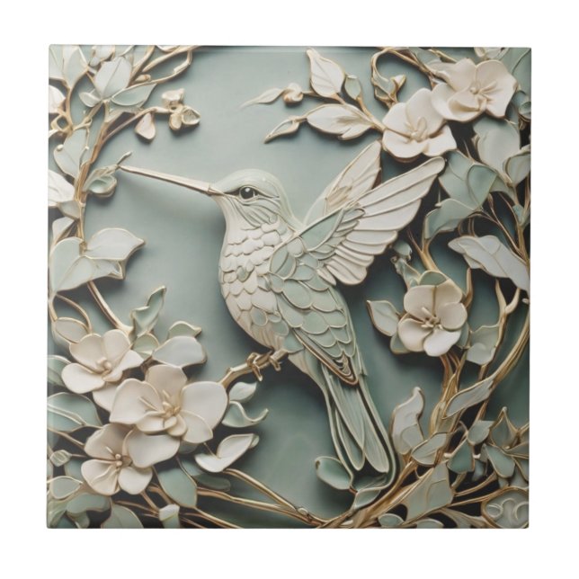 Art Nouveau Imitats Relief Verlassen Hummingbird B Fliese (Vorderseite)