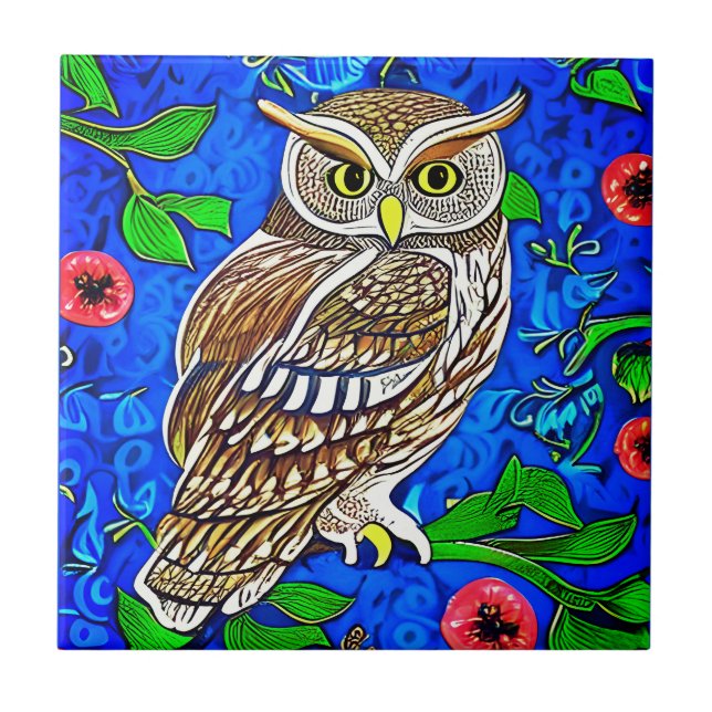 Art Nouveau Inspiriert Owl, Braun auf Cobalt Blue Fliese (Vorderseite)