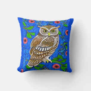 Art Nouveau Inspiriert Owl, Braun auf Cobalt Blue Kissen