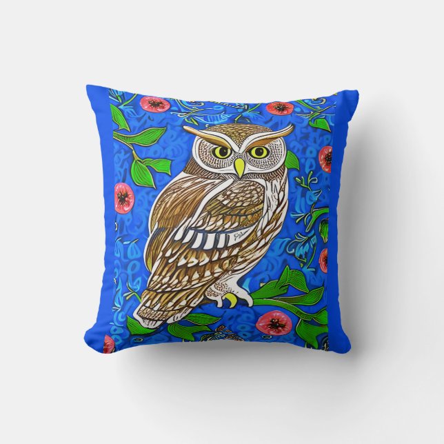 Art Nouveau Inspiriert Owl, Braun auf Cobalt Blue Kissen (Vorderseite)