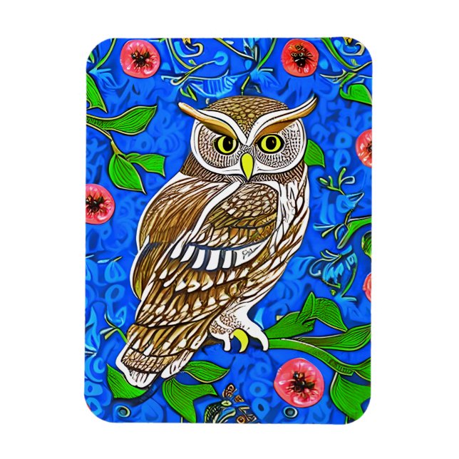Art Nouveau Inspiriert Owl, Braun auf Cobalt Blue Magnet (Vertikal)