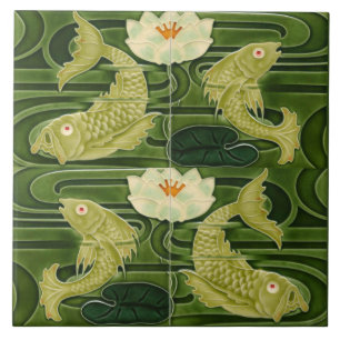 Art Nouveau Jugendstil Teich Fische Grün Fliese