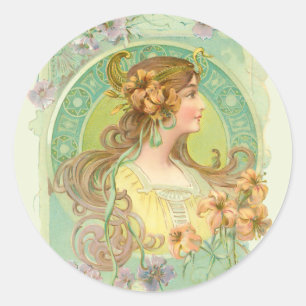 Art Nouveau junge Frau Mädchen mit Sternen Blumen Runder Aufkleber