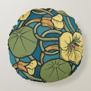 Art Nouveau Kapuzinerkresse Blau Gold floral Verne Rundes Kissen
