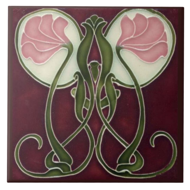 Art Nouveau Keepake Tile - Pink Blume Heads Fliese (Vorderseite)