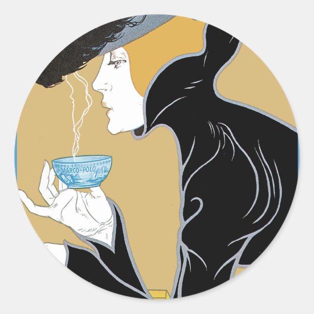Art Nouveau Lady Drinking Tee Runder Aufkleber (Vorderseite)