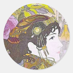 Art Nouveau Lady Runder Aufkleber