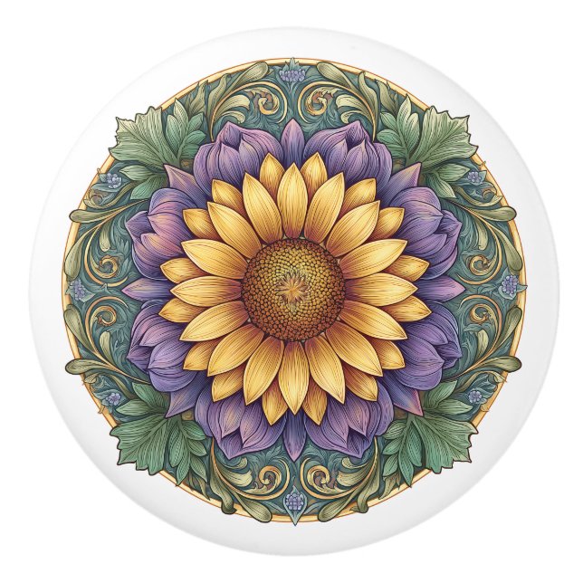 Art Nouveau Lavender Sunflower Medallion Keramikknauf (Vorderseite)