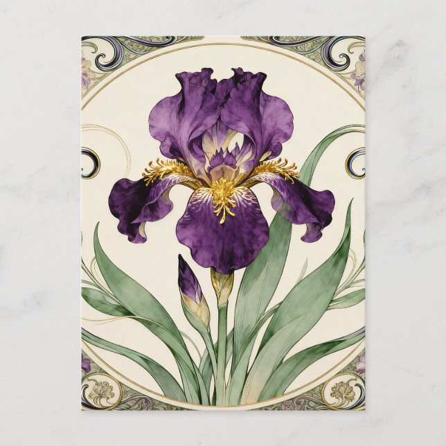 Art Nouveau Lila Schwertlilie Postkarte (Vorderseite)