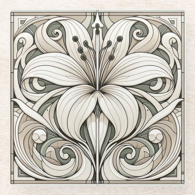 Art Nouveau Lilly Floral Tile Glasuntersetzer (Vorderseite)