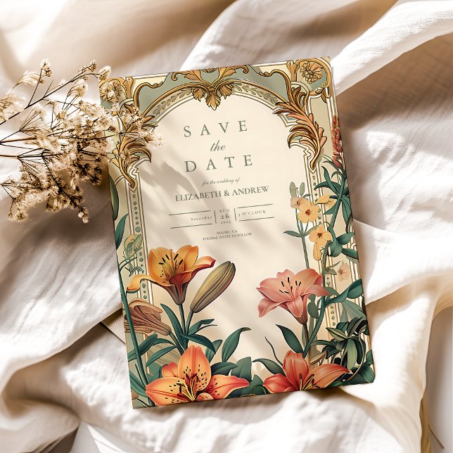 Art Nouveau Lily Wedding - Blumenrahmen Design Save The Date (Von Creator hochgeladen)