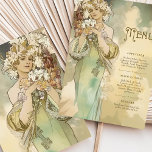 Art Nouveau Lily Wedding Menu Card Soft Pastel Einladung<br><div class="desc">Entspannen Sie bei der Hochzeitsdekoration mit dieser im Jugendstil inspirierten Menükarte mit einem ätherischen Lilienmotiv. Dieses zweiseitige Design zeigt eine delikate und romantische Illustration einer lililiengeschmückten Frau, die Reinheit und Eleganz symbolisiert. Die Pastellpalette, die weiche Grüntöne, Cremes und gedämpfte Erdtöne miteinander verbindet, schafft eine ruhige und elegante Atmosphäre. Die aufwändigen...</div>