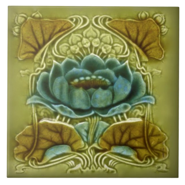 Art Nouveau Lotus Repro Glazed Antique Tile Fliese (Vorderseite)