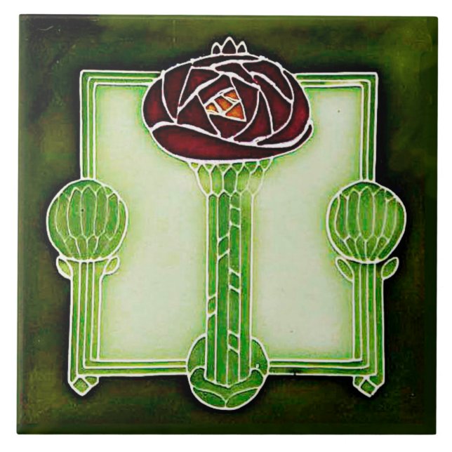 Art Nouveau Mackintosh Rose (Green) Keramik Tile Fliese (Vorderseite)