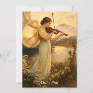 Art Nouveau Mädchen spielt Violine zwischen Blumen Dankeskarte