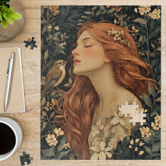 Art Nouveau Maiden Floral Bird Fine Art Puzzle (Von Creator hochgeladen)