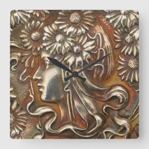 Art Nouveau Maiden Silver Repousse Moderne Acrylli Quadratische Wanduhr