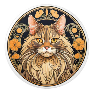 Art Nouveau Maine Coon Cat Keramikknauf
