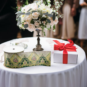 Art Nouveau Metallic Gold Pink Roses Medallion Satinband