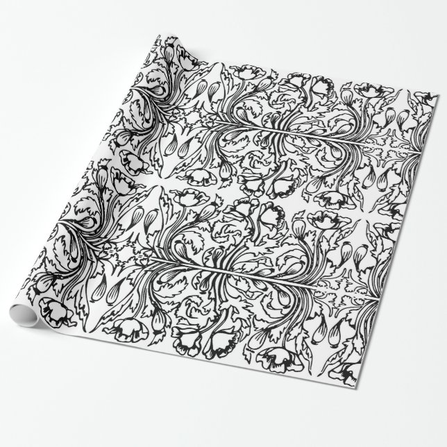Art Nouveau Mohn floral Schwarz-weiß elegant Geschenkpapier (Ungerollt)