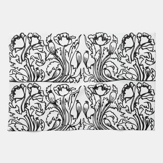 Art Nouveau Mohn floral Schwarz-weiß elegant Geschirrtuch (Horizontal)
