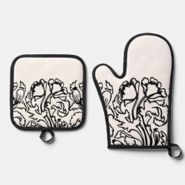 Art Nouveau Mohnblumen schwarz und weiß elegant Ofenhandschuh & Topflappen-Set