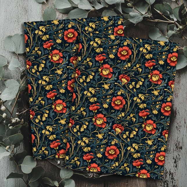 Art Nouveau Morris Rotes Gold Pastellblau Seidenpapier (Art nouveau Morris red gold pastel navy blue Tissue Paper)