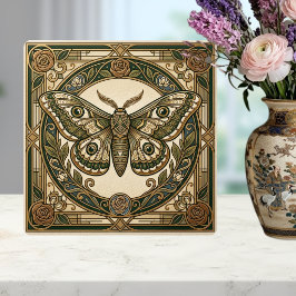 Art Nouveau Moth Green Gold Floral Ceramic Tile Fliese
