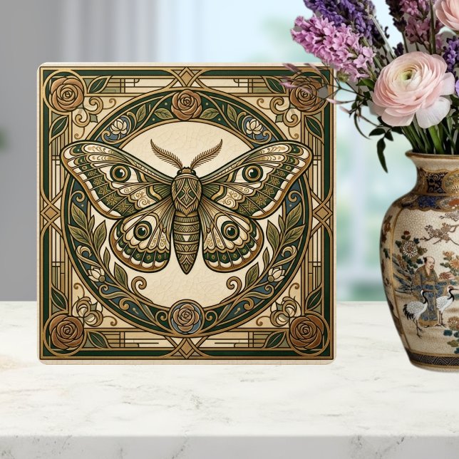 Art Nouveau Moth Green Gold Floral Ceramic Tile Fliese (Von Creator hochgeladen)