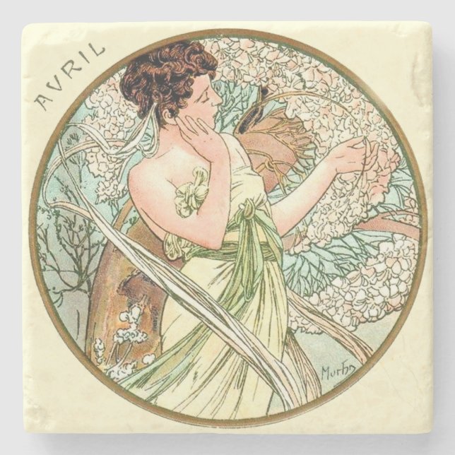Art Nouveau Mucha Kalender April Steinuntersetzer (Vorderseite)